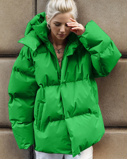 Pocketed Zip Up Hooded Puffer Jacket Green