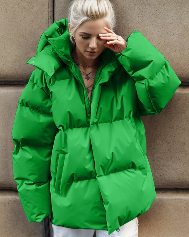 Pocketed Zip Up Hooded Puffer Jacket Green