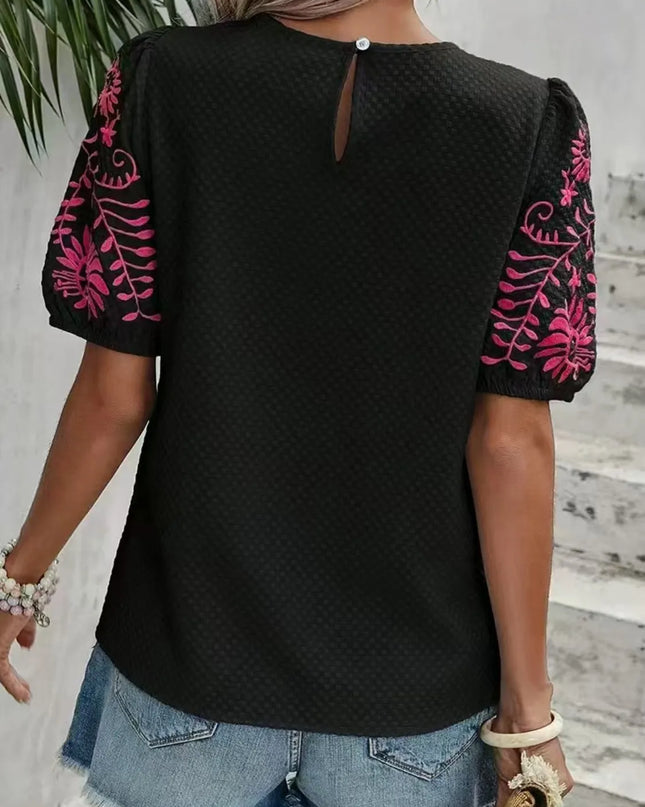 Embroidered Round Neck Short Sleeve Blouse 