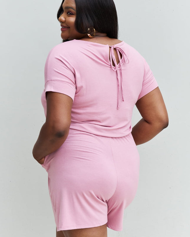 Zenana Chilled Out Full Size Short Sleeve Romper in Light Carnation Pink