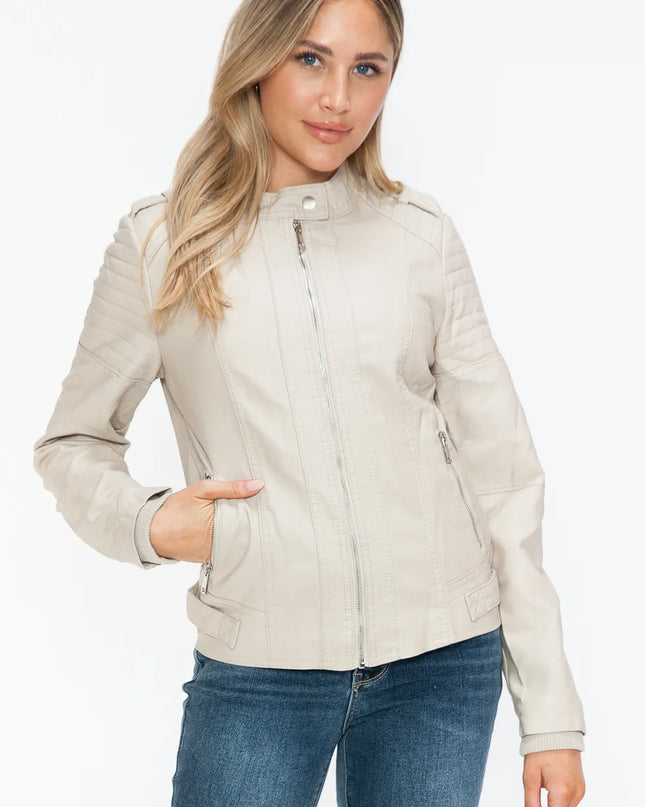 Snobbish PU Leather Biker Jacket with Side Zip Pockets