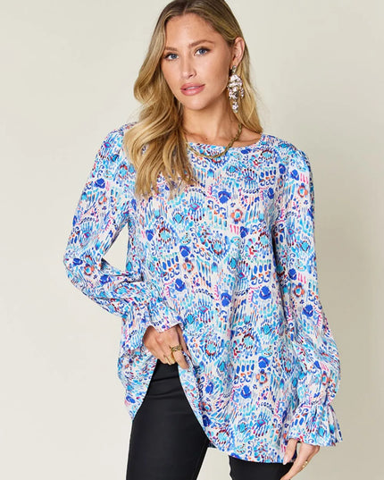 Double Take Full Size Printed Flounce Sleeve Blouse Sky Blue