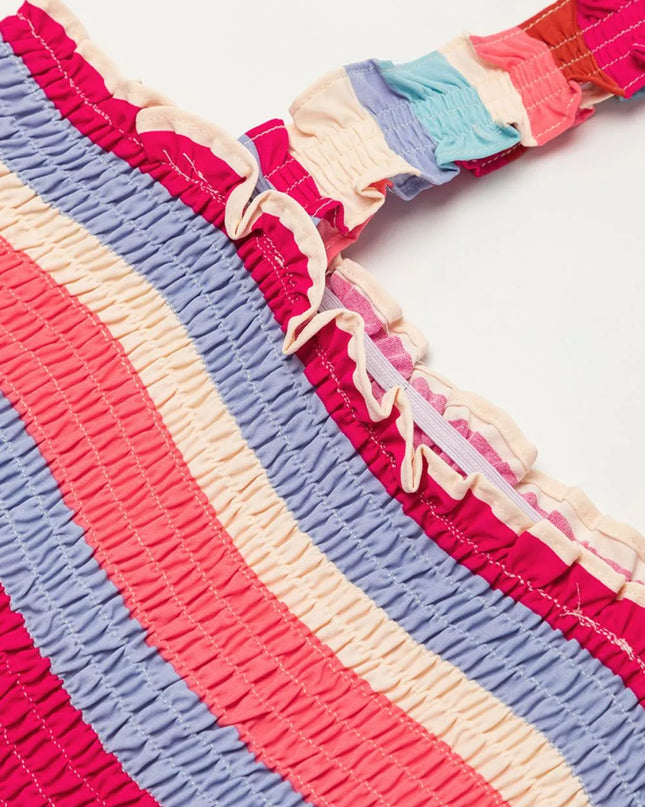 Contrast Stripe Wide Strap Smocked Tiered Dress