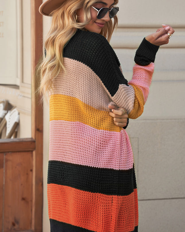 Striped Waffle Knit Open Front Cardigan