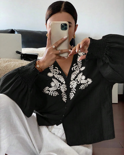 Embroidered Lantern Sleeve Blouse