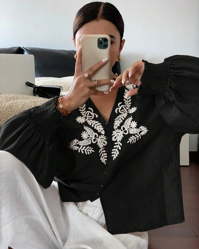 Embroidered Lantern Sleeve Blouse