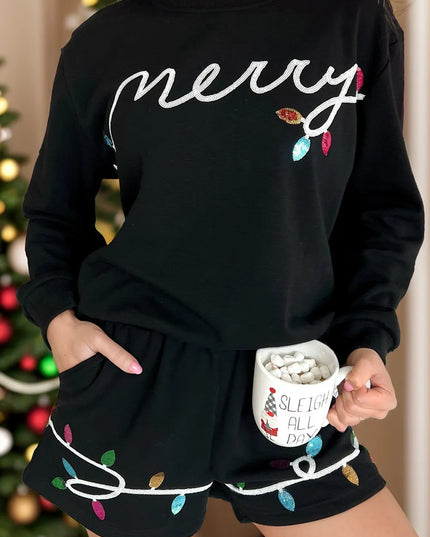 MERRY Sequin Round Neck Long Sleeve Top and Shorts Set Black