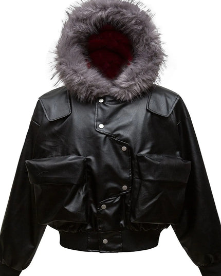 Men's Leather Bomber Jacket with Faux Fur Hood Black