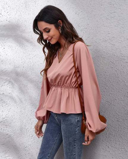V-Neck Balloon Sleeve Peplum Blouse