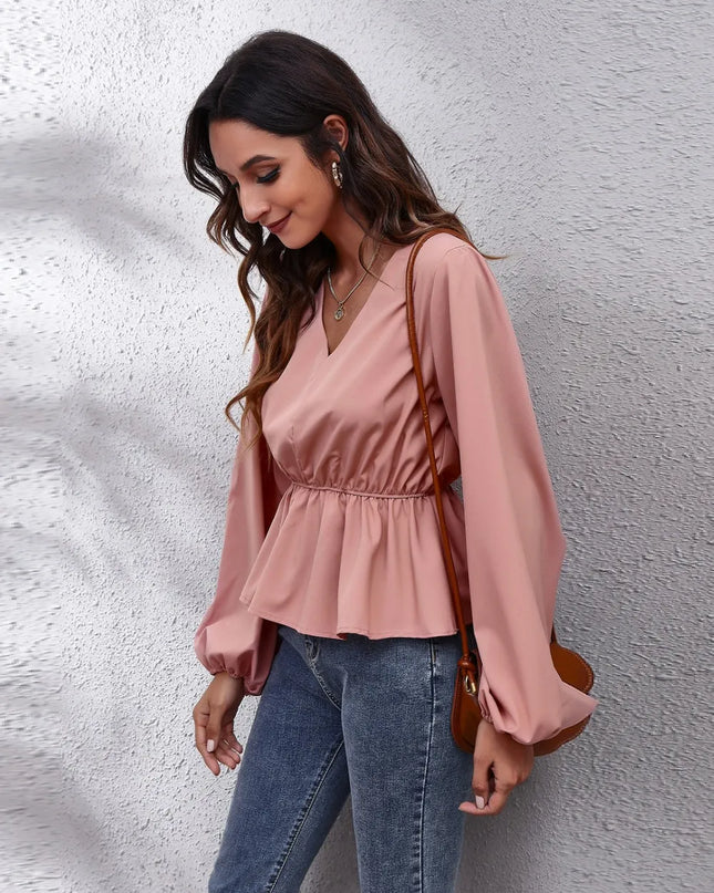V-Neck Balloon Sleeve Peplum Blouse