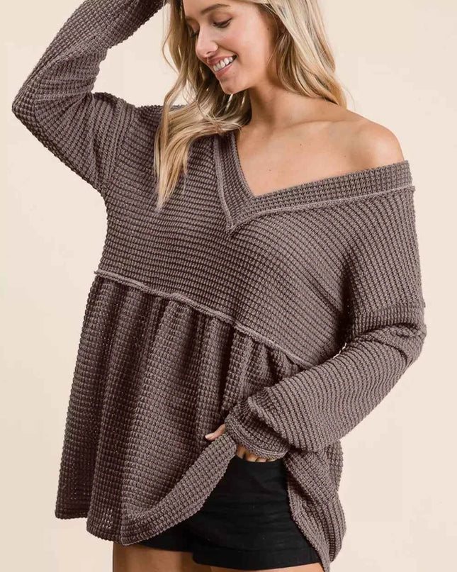 BiBi Waffle Knit V-Neck Babydoll Blouse