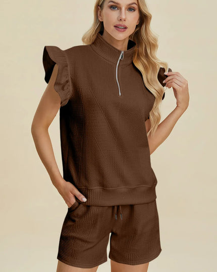 Double Take Full Size Texture Flounce Sleeve Top and Shorts Set Brown