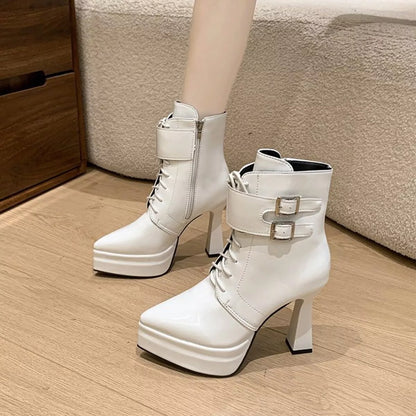 Lace Up Block Heels Boots White