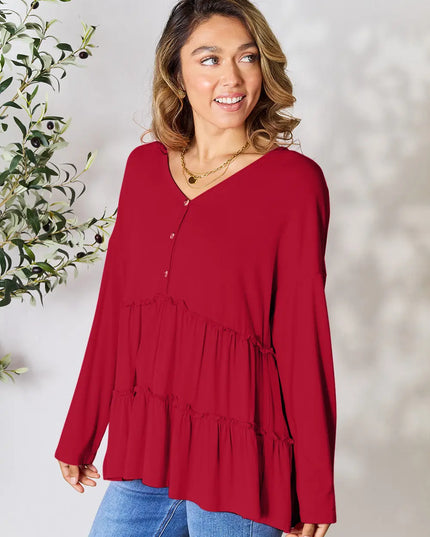 Double Take Half Button Long Sleeve Ruffle Hem Blouse Burgundy