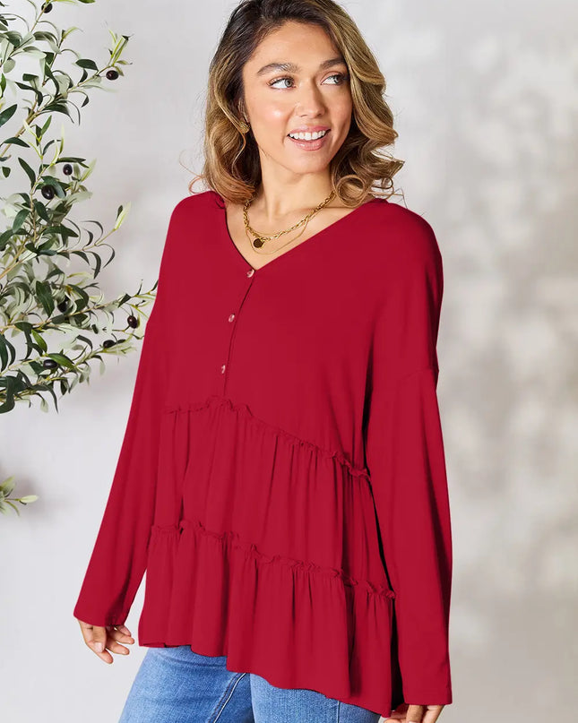 Double Take Half Button Long Sleeve Ruffle Hem Blouse Burgundy