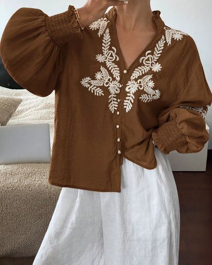Embroidered Lantern Sleeve Blouse Brown