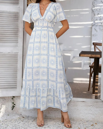 Devine Smocked Printed V-Neck Short Sleeve Maxi Dress