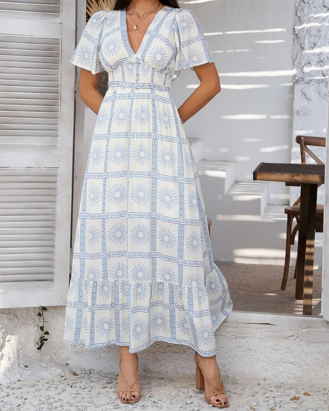 Devine Smocked Printed V-Neck Short Sleeve Maxi Dress