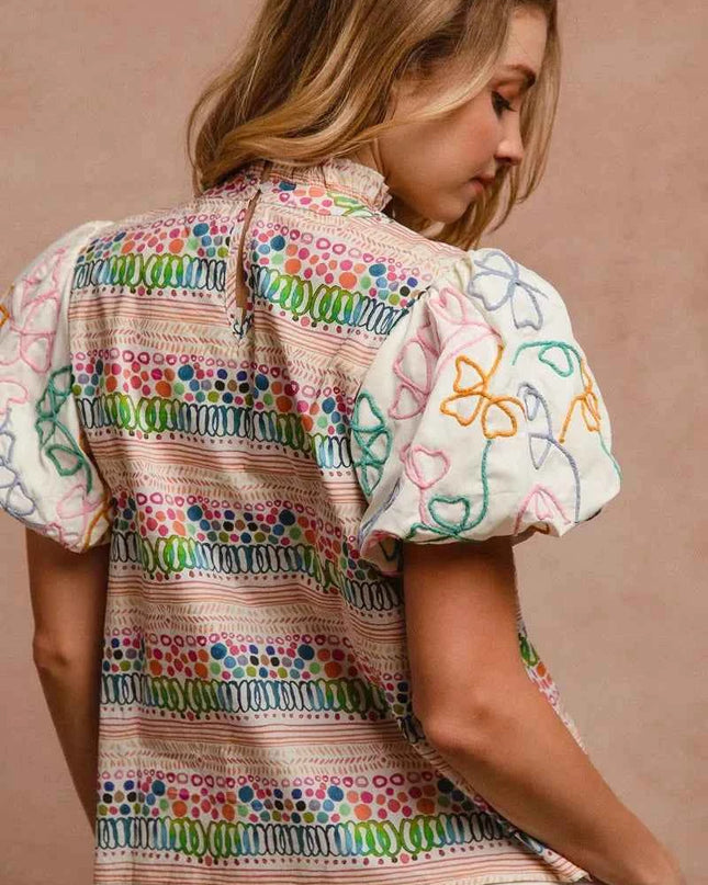 BiBi Ruffle Neckline Blouse With Embroidery Bubble Sleeve
