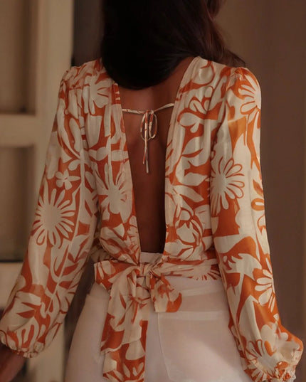 Printed Tie Back Balloon Sleeve Blouse