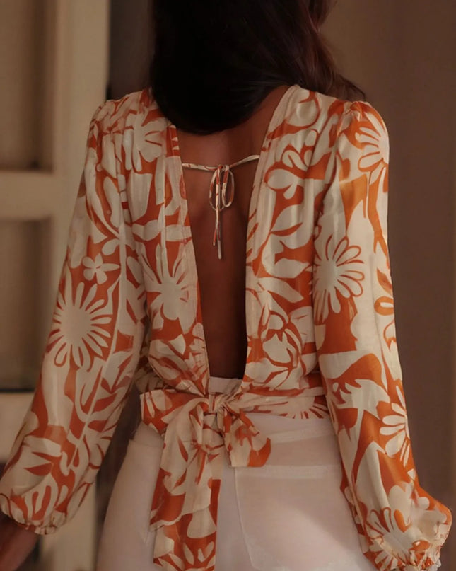 Printed Tie Back Balloon Sleeve Blouse