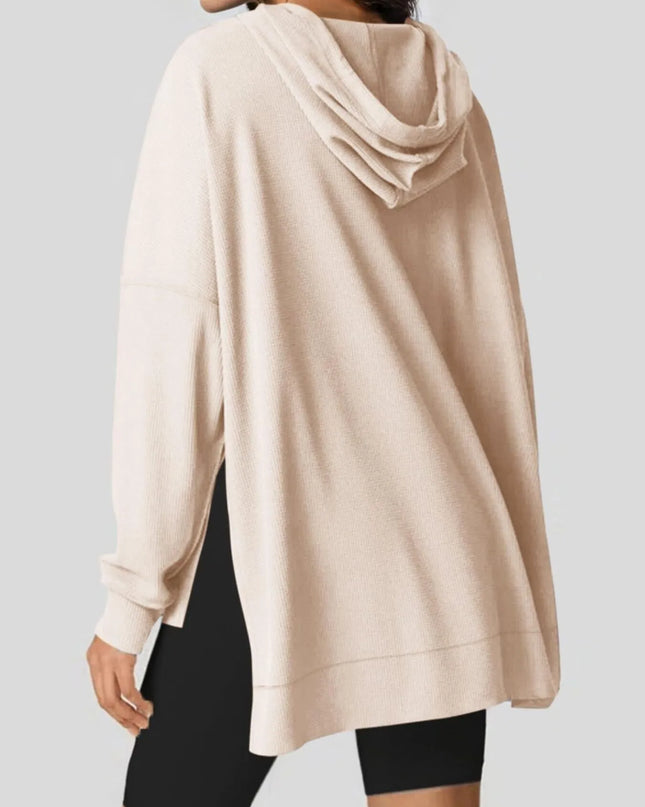 Slit Drawstring Waffle Knit Hoodie