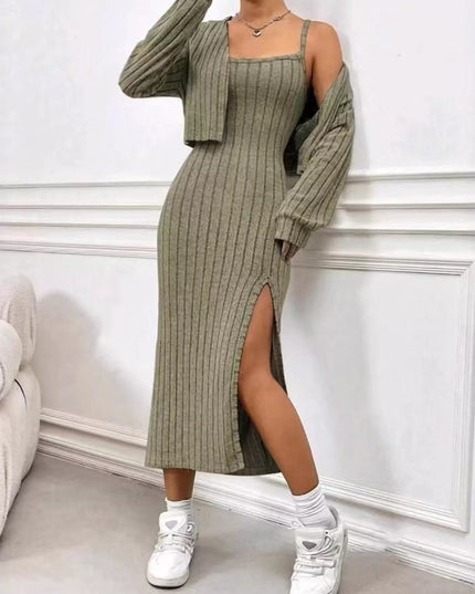 Ribbed Knit Cami Dress & Cardigan Set Olive