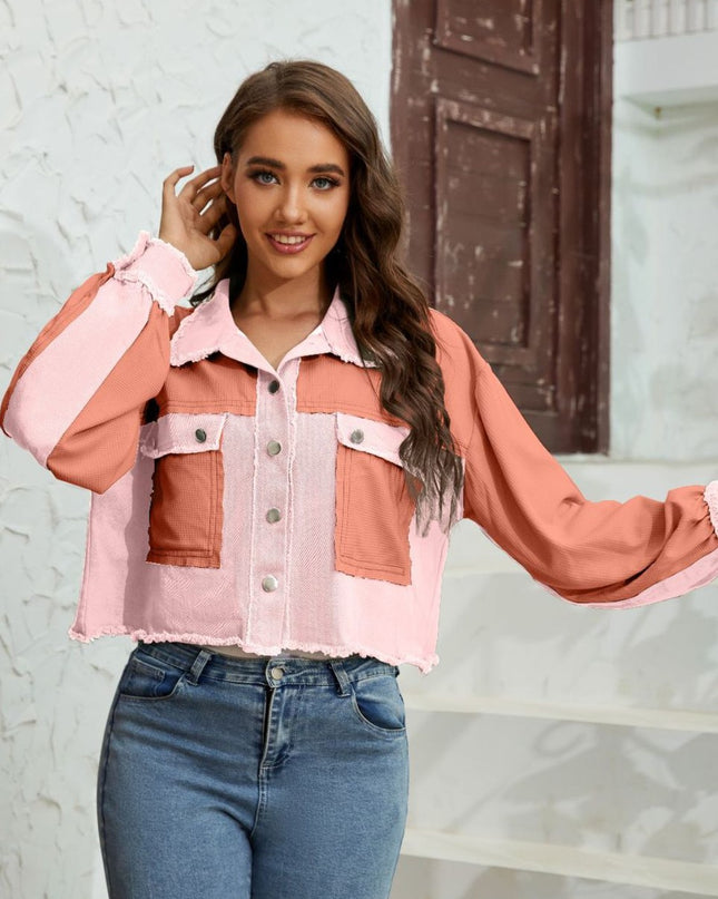 Color Block Crop Jacket with Pockets