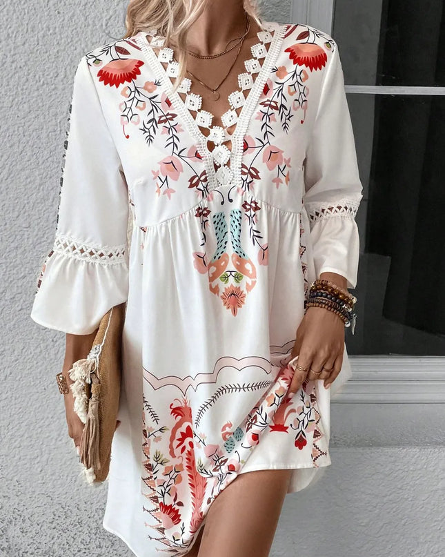 Lace Detail Printed Three-Quarter Sleeve Dress Deep Red
