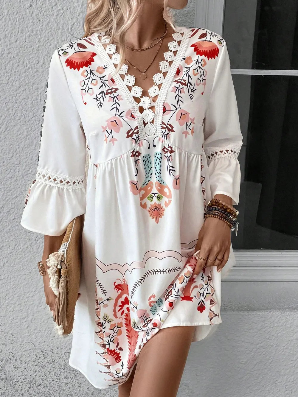 Lace Detail Printed Three-Quarter Sleeve Dress Deep Red