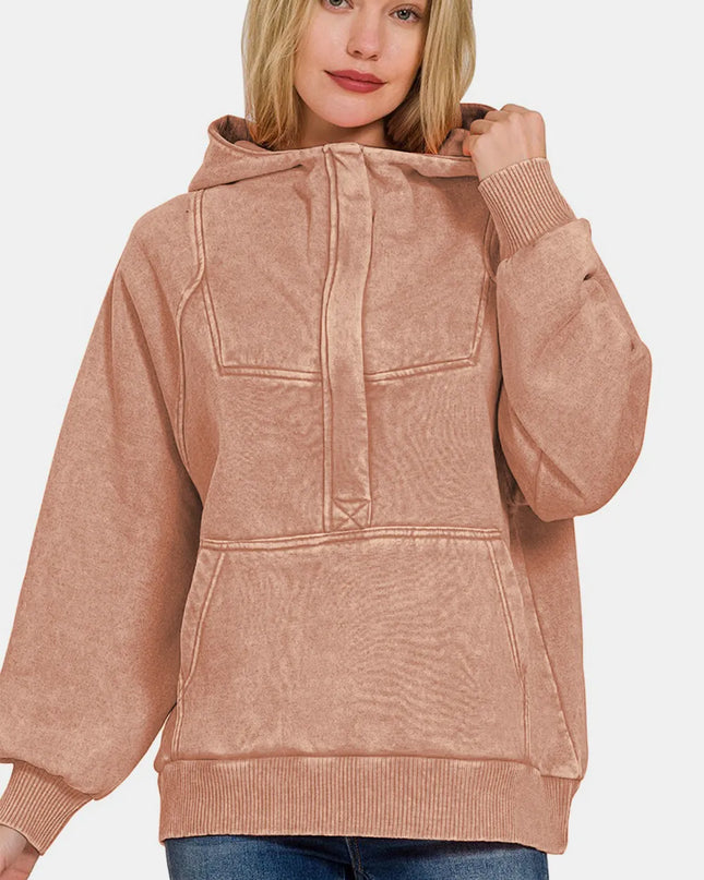 Zenana Acid Wash Fleece Kangaroo Hoodie