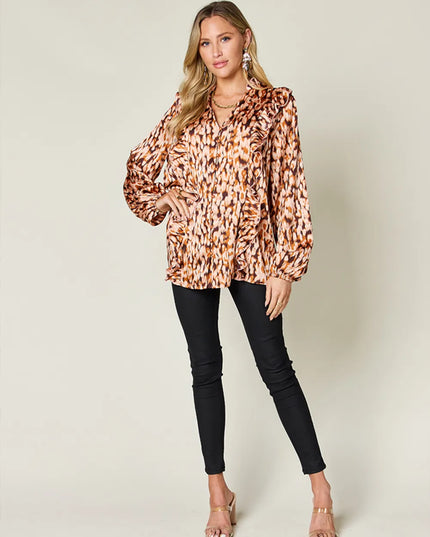 Double Take Full Size Printed Ruffle Trim Balloon Sleeve Shirt