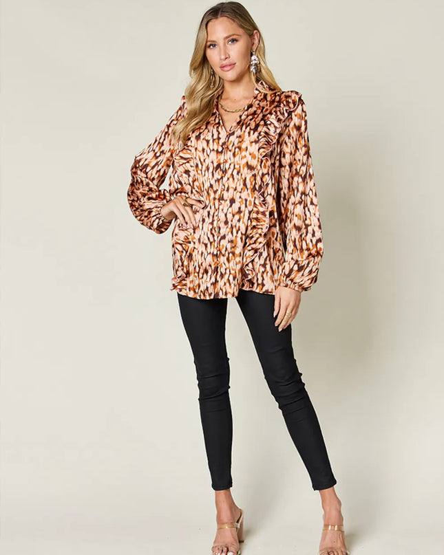 Double Take Full Size Printed Ruffle Trim Balloon Sleeve Shirt