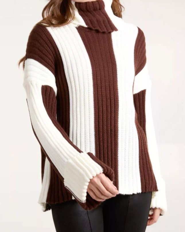 Color Block Ribbed Turtleneck Sweater Brown