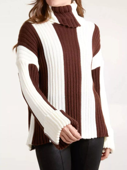 Color Block Ribbed Turtleneck Sweater Brown