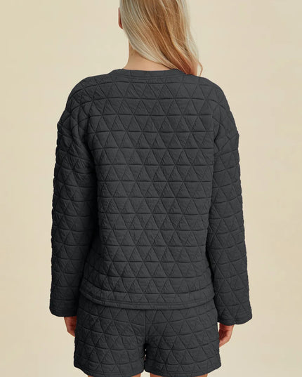 Double Take Full Size Texture Round Neck Long Sleeve Top and Shorts Set