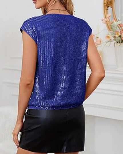V-Neck Sequin Cap Sleeve Top