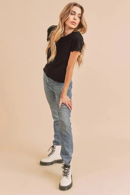 Aemi+Co Round Neck Lettuce Hem Short Sleeve T-Shirt