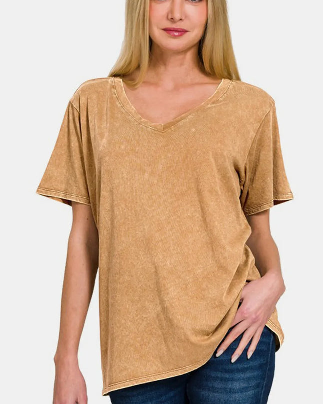 Zenana Full Size Washed Short Sleeve V-Neck T-Shirt Camel