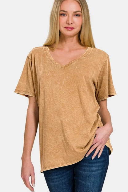 Zenana Full Size Washed Short Sleeve V-Neck T-Shirt Camel