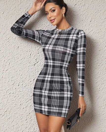 Long Sleeve Plaid Bodycon Mini Dress