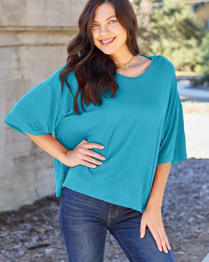 Basic Bae Full Size Round Neck Drop Shoulder T-Shirt Sky Blue