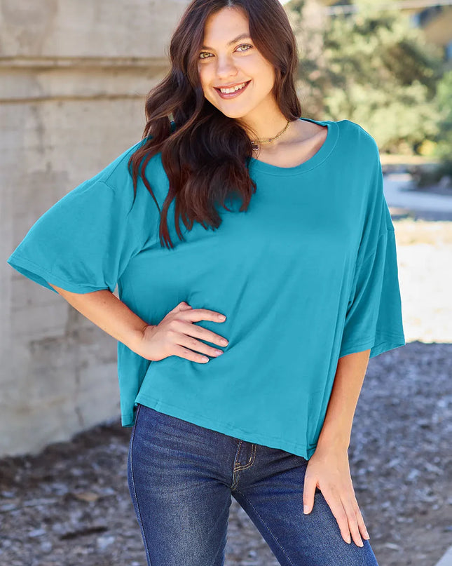 Basic Bae Full Size Round Neck Drop Shoulder T-Shirt Sky Blue