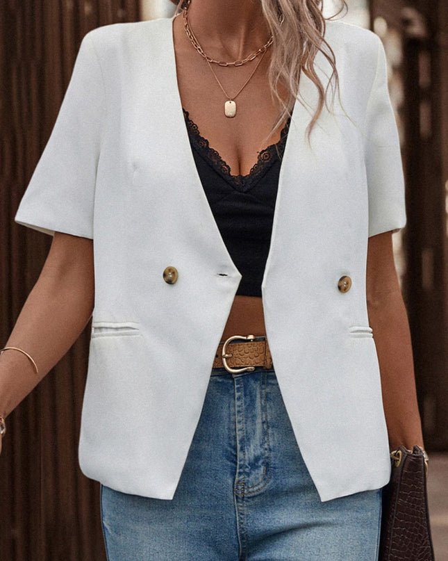 Shiny Two-Button Short Sleeve Pocket Blazer White
