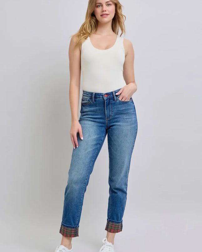 Judy Blue Full Size Plaid Print Cuff Straight Leg Jeans with Pockets Medium