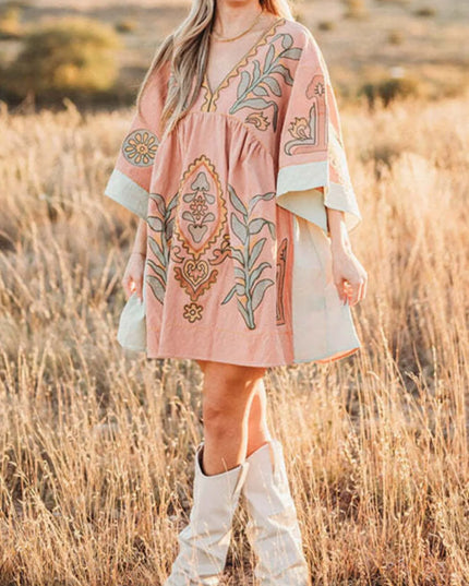 Printed V-Neck Kimono Sleeve Mini Dress