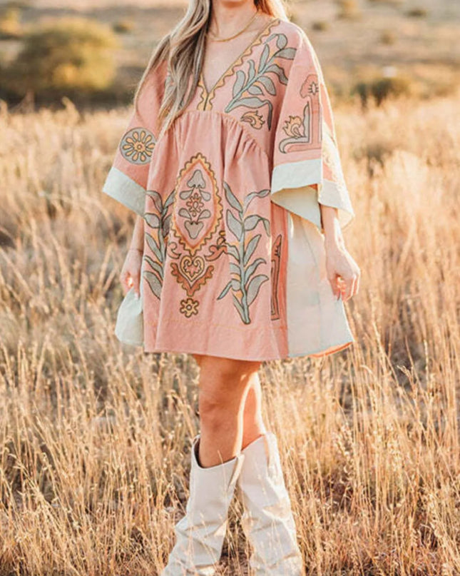 Printed V-Neck Kimono Sleeve Mini Dress