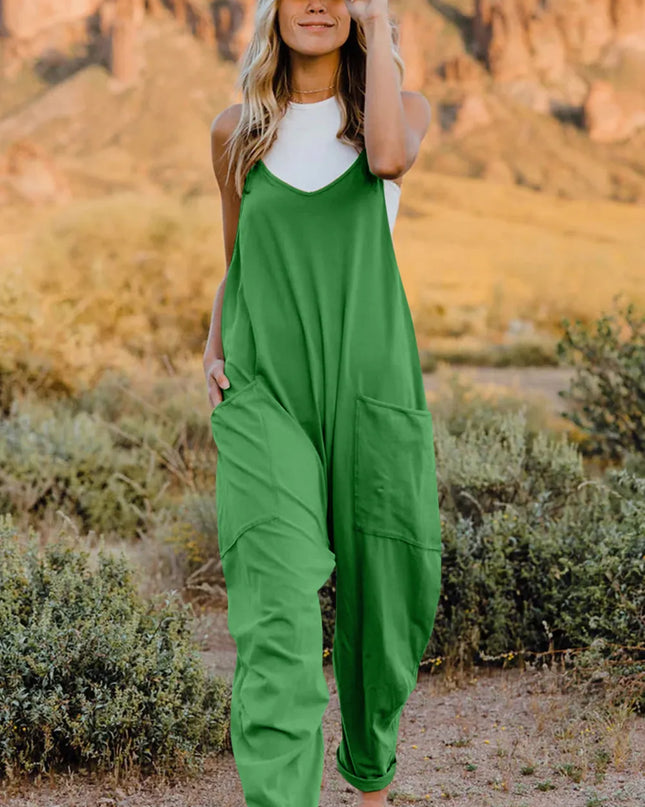 Double Take Full Size V-Neck Sleeveless Jumpsuit with Pockets Green
