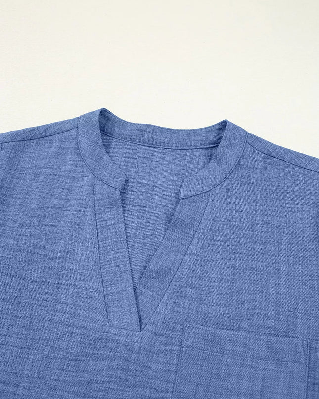 Casual Roll-Up Sleeve Notched Blouse