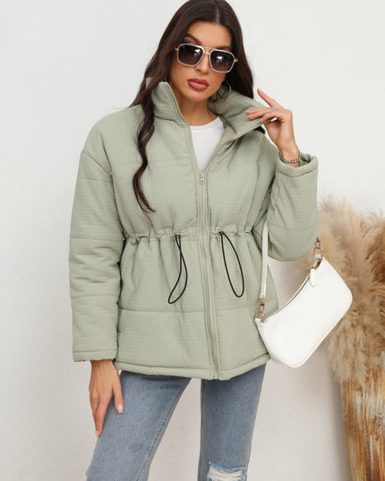 Drawstring Waist Zip-Up Puffer Jacket Light Green